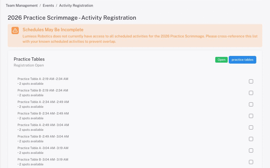 The activity registration page listing Practice Table A and B sessions with their times, spots available and a checkbox each