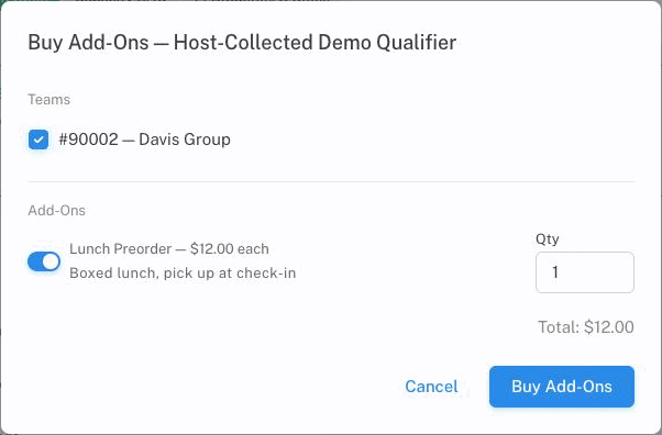 The Buy Add-Ons dialog with team #90002 ticked, a Lunch Preorder at $12.00 each switched on, a quantity of 1 and a total of $12.00