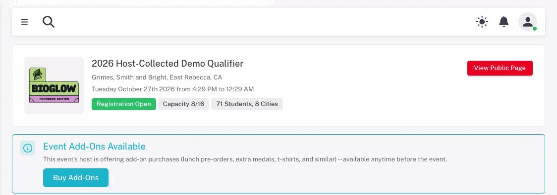 The blue Event Add-Ons Available alert on an event card, explaining the host is offering add-on purchases and showing a Buy Add-Ons button