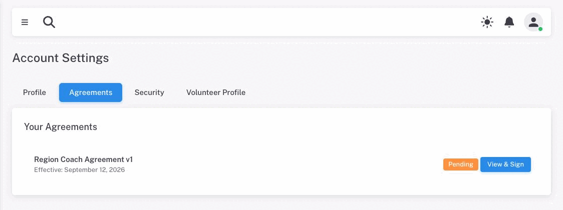 The Agreements tab listing one agreement with its effective date, a Pending chip and a View & Sign button