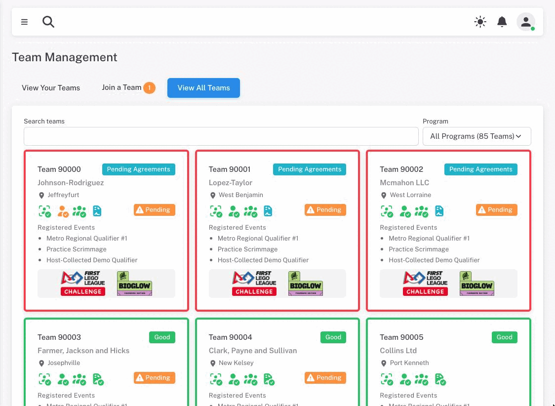 The View All Teams directory with a search box, program filter and team cards showing status and registered events