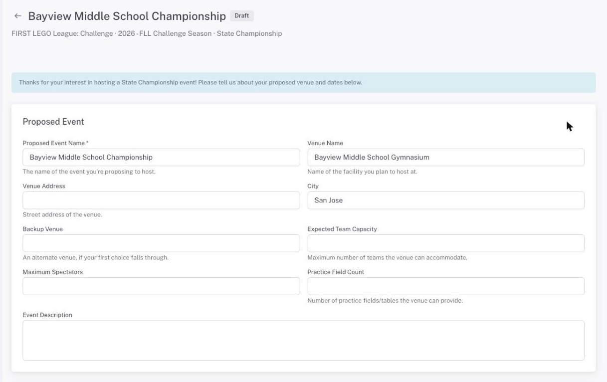 The application form's Proposed Event section, with the region's welcome message above it