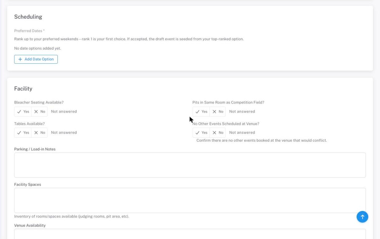 The Scheduling section, where preferred weekends are added and ranked, and the Facility section's yes/no questions