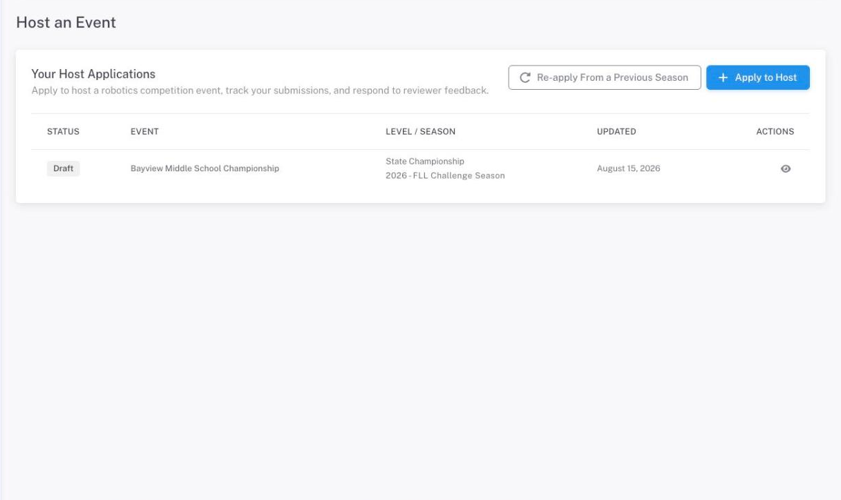 Your Host Applications, reached from Host an Event in the main navigation