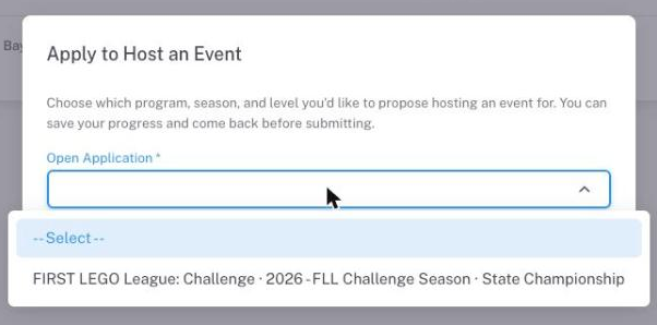 The Apply to Host an Event dialog, with the open application listed by program, season, and level