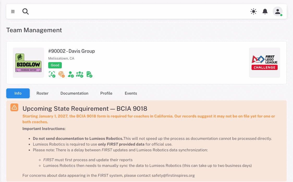 A team page showing Good status alongside an amber Upcoming State Requirement — BCIA 9018 banner naming the date the form becomes required