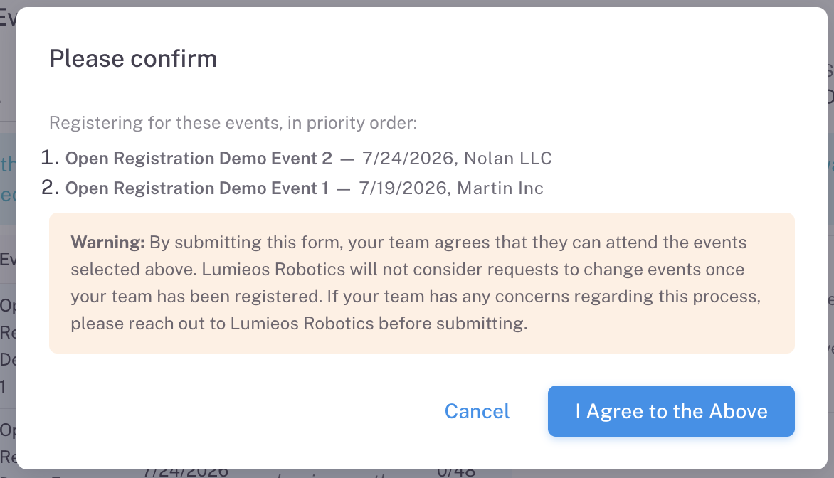 The submit confirmation dialog with the ranked event list, agreement, and the I Agree to the Above button