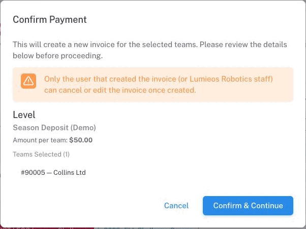 The Confirm Payment dialog showing the level, the amount per team, the selected team, and the warning about who can edit the invoice