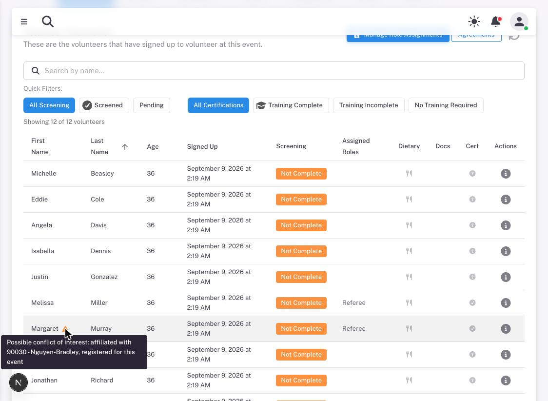 A volunteer flagged with an amber conflict-of-interest triangle, tooltip naming the team