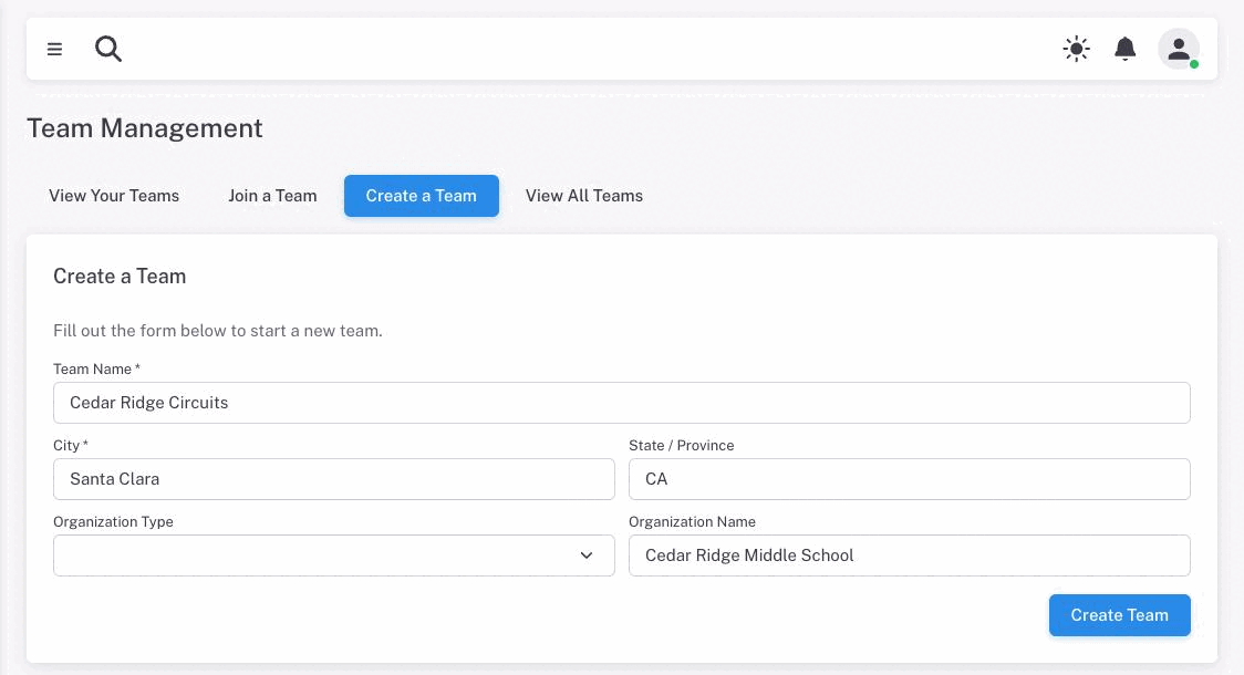 The Create a Team tab with a team name, city, state and organization name filled in, and a Create Team button