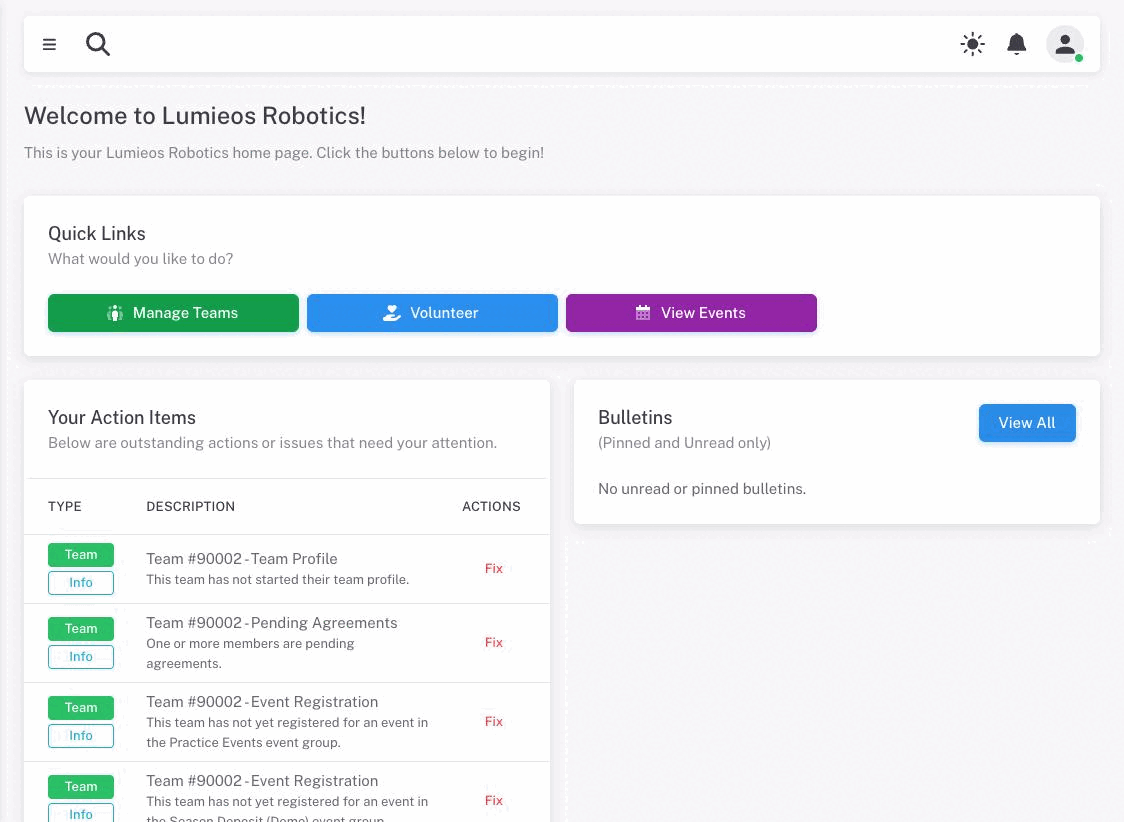 The dashboard: the welcome heading, the Quick Links card, Your Action Items on the left and Bulletins on the right