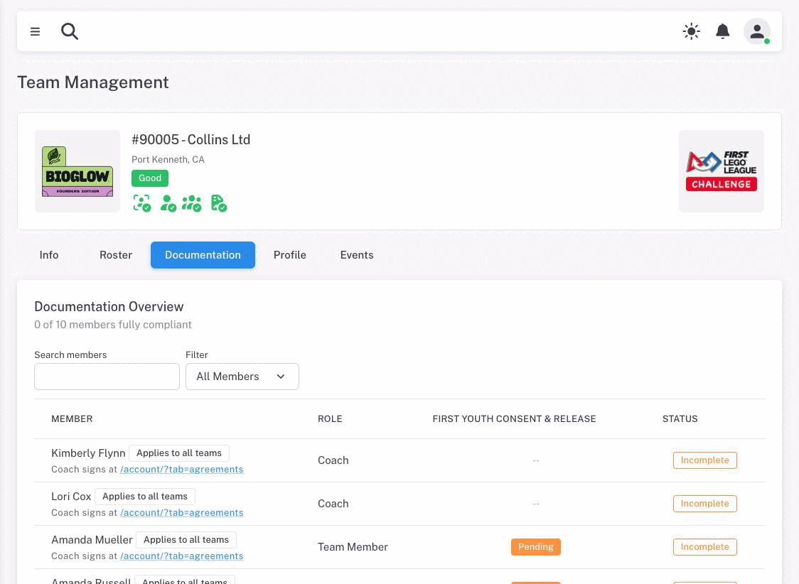 The Documentation tab: a compliance count, search and filter controls, and a table of members against each required agreement