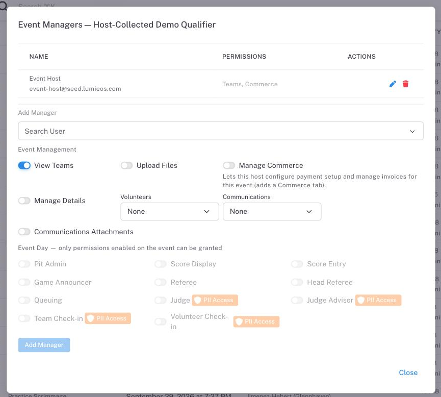 The Event Managers dialog: an assigned manager with Teams and Commerce access, the Manage Commerce toggle with its helper text, and the event-day permissions with their PII Access badges