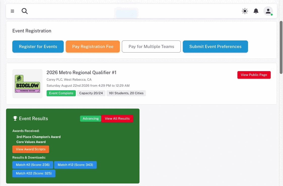 The Events tab showing the Event Registration buttons, a registered qualifier card, and a green Event Results card listing awards received and match scores