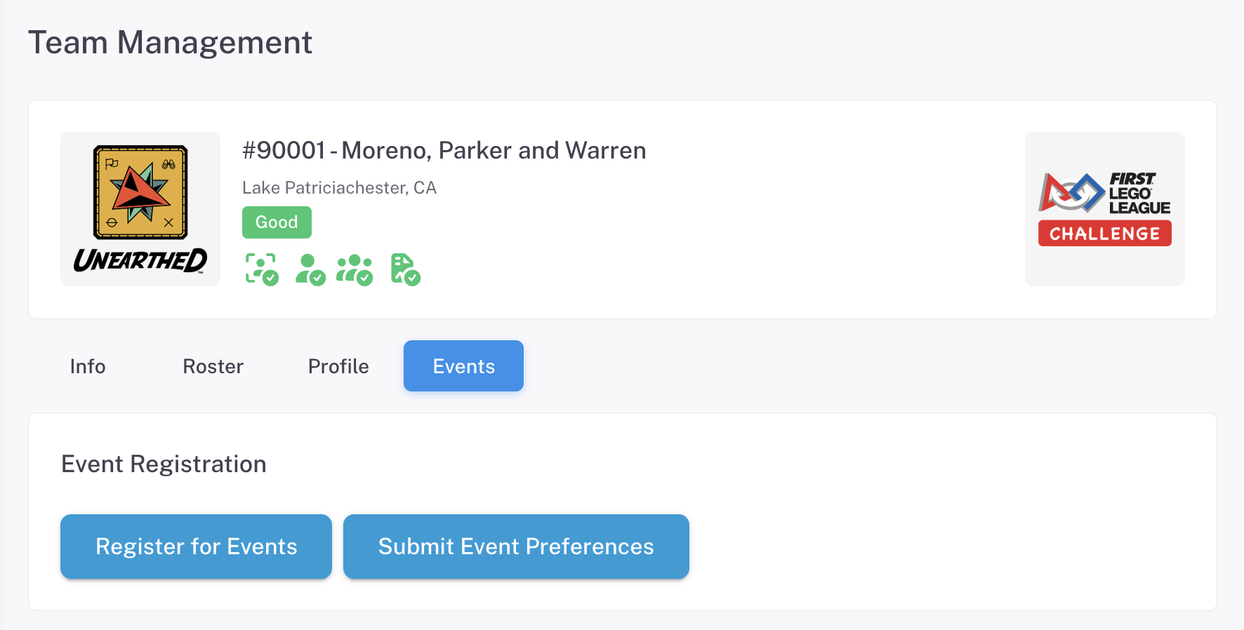 The Events tab showing the Event Registration card with the Register for Events and Submit Event Preferences buttons