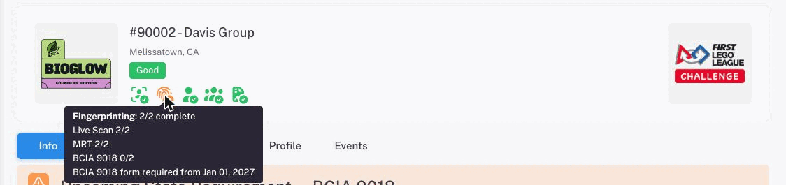 The Fingerprinting tooltip reading 2 of 2 complete, Live Scan 2/2, MRT 2/2, BCIA 9018 0/2, and the date the form is required from