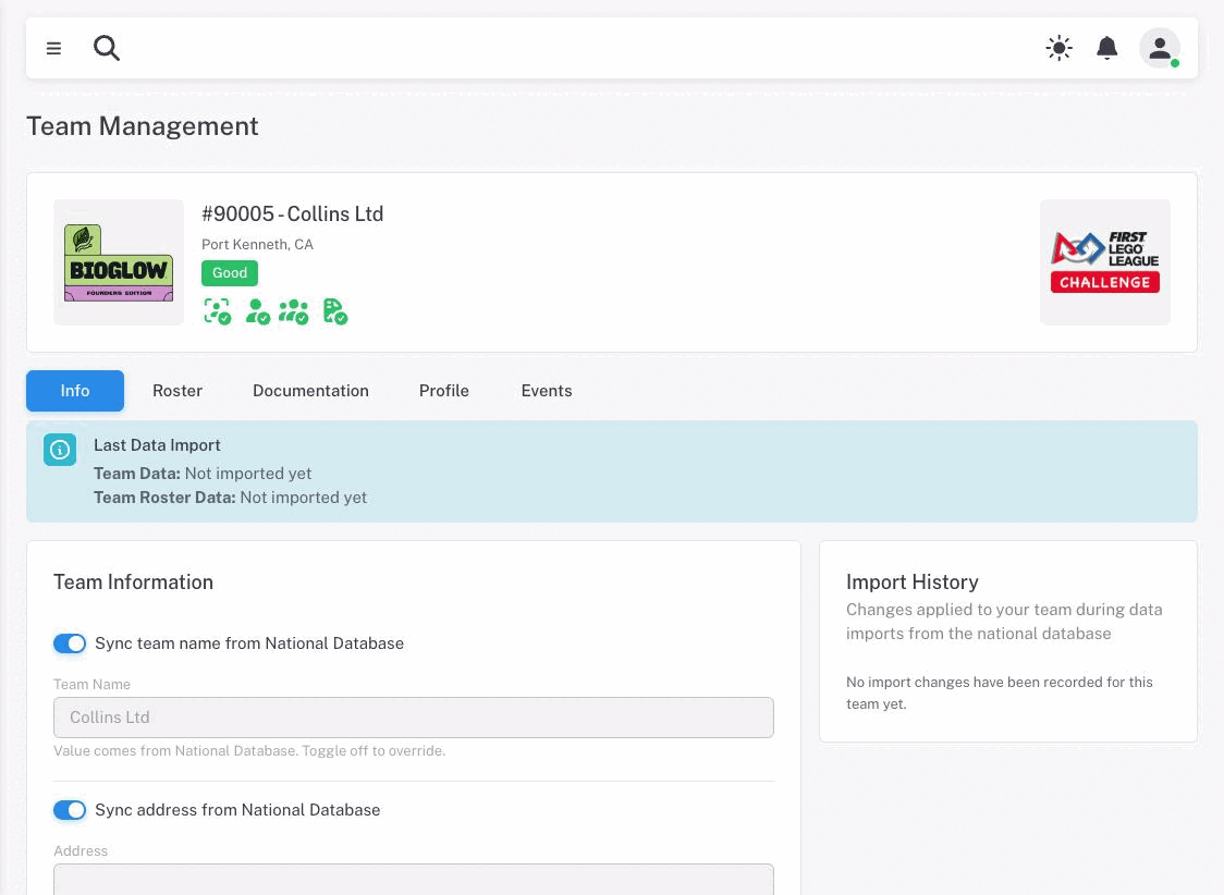 The Info tab: the team header with its status and compliance icons, the Last Data Import notice, the Team Information form and the Import History card