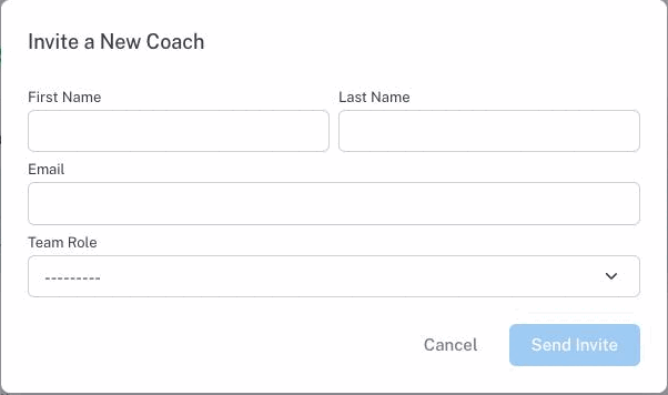 The Invite a New Coach dialog with First Name, Last Name, Email and Team Role fields