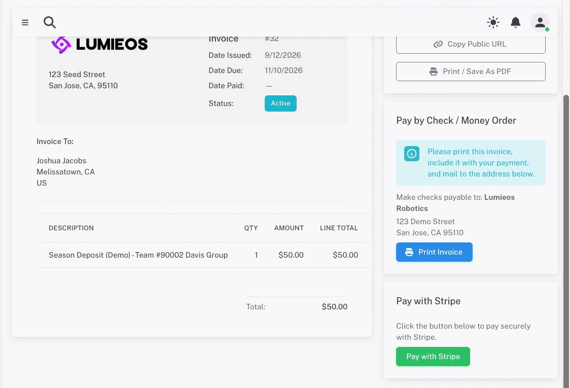 An active invoice with a blue Active status chip, its line items and total, and the Pay by Check / Money Order and Pay with Stripe cards down the right-hand side