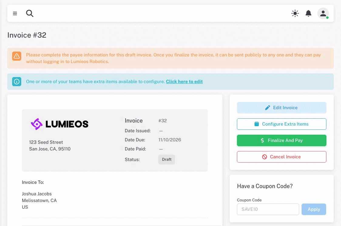 A draft invoice showing the payee-information warning, the invoice document with a grey Draft status, and the Edit Invoice, Configure Extra Items, Finalize And Pay and Cancel Invoice buttons