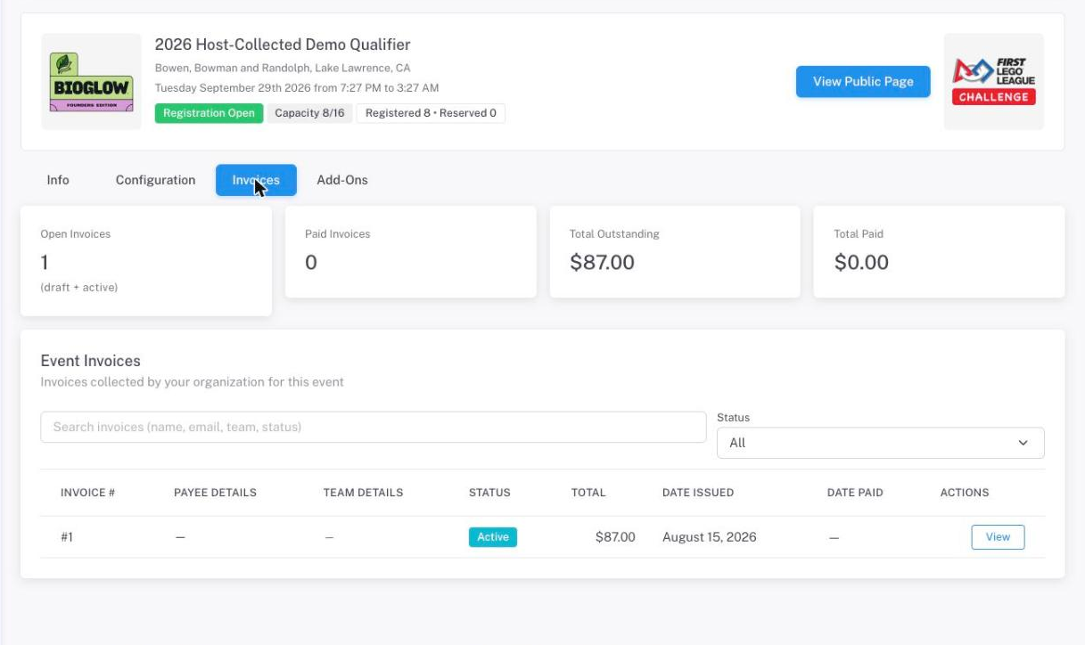The host Invoices tab: open/paid/outstanding summary cards above the event invoice table