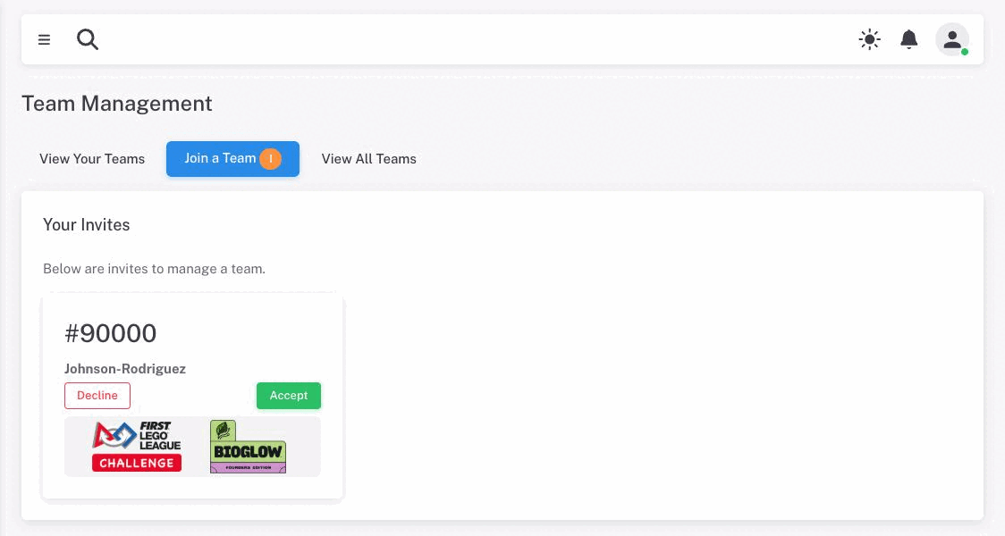 The Join a Team tab showing one pending invitation with Decline and Accept buttons