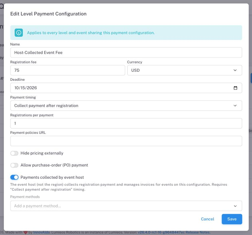The Level Payment Configuration dialog with post-registration payment timing selected and the Payments collected by event host switch enabled, with its helper text