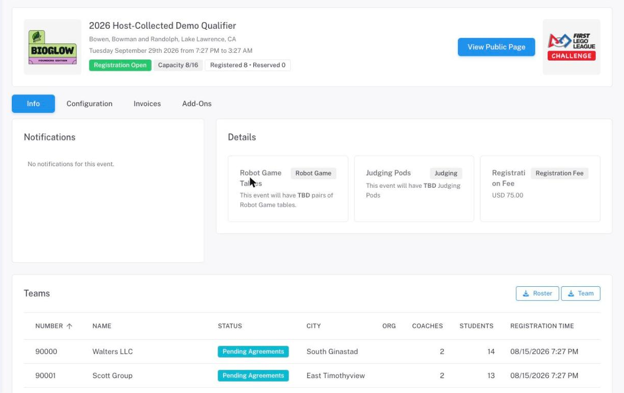 The event management page with the Info, Configuration, Invoices, and Add-Ons tabs