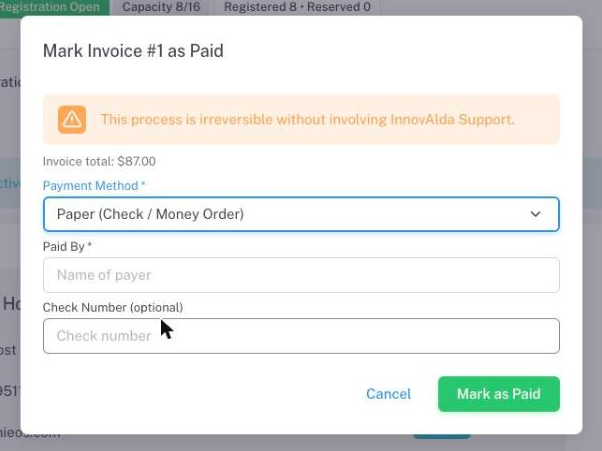 The Mark Invoice as Paid dialog with a payment method selected and its method-specific fields shown