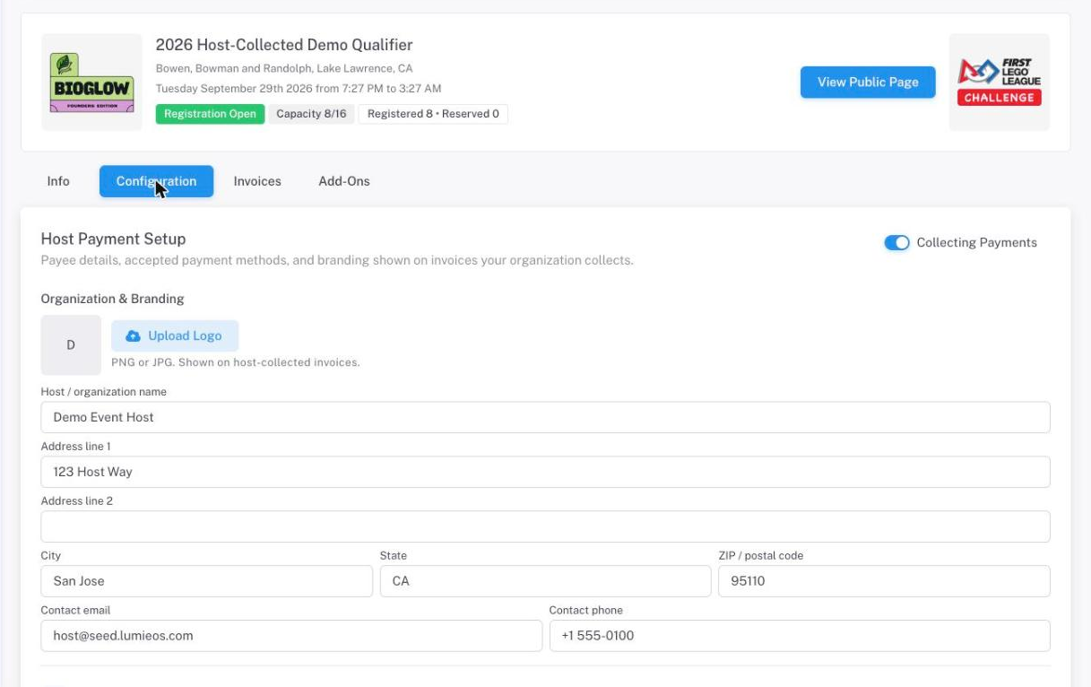 Host Payment Setup on the Configuration tab, with Collecting Payments enabled and organization details filled in