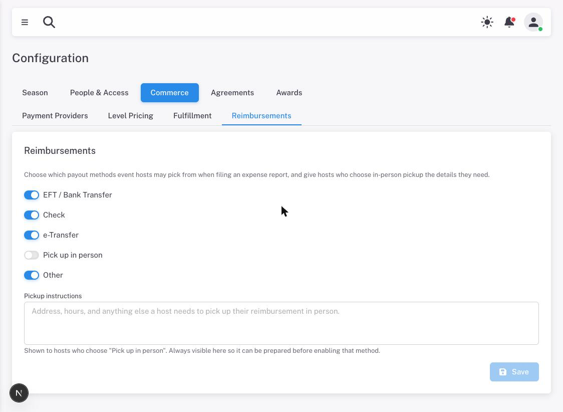 Choosing which payout methods hosts may pick from, with pickup instructions
