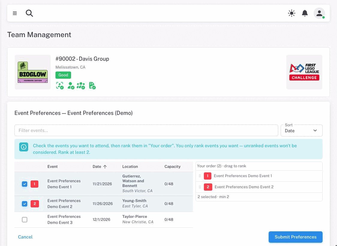 The Event Preferences screen: a filterable table of events with checkboxes, two events ticked and numbered 1 and 2, and a Your order panel on the right showing the same ranking