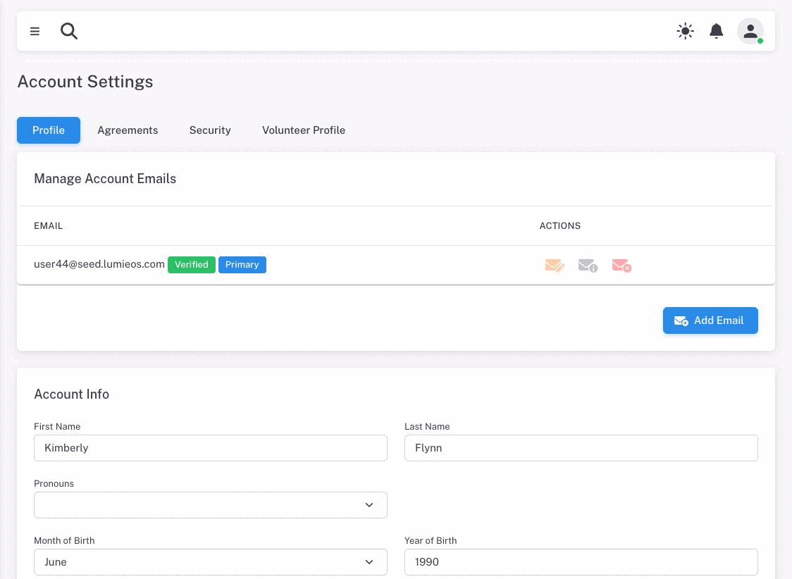 The Profile tab: the Manage Account Emails card above Account Info, with the email row showing Verified and Primary chips