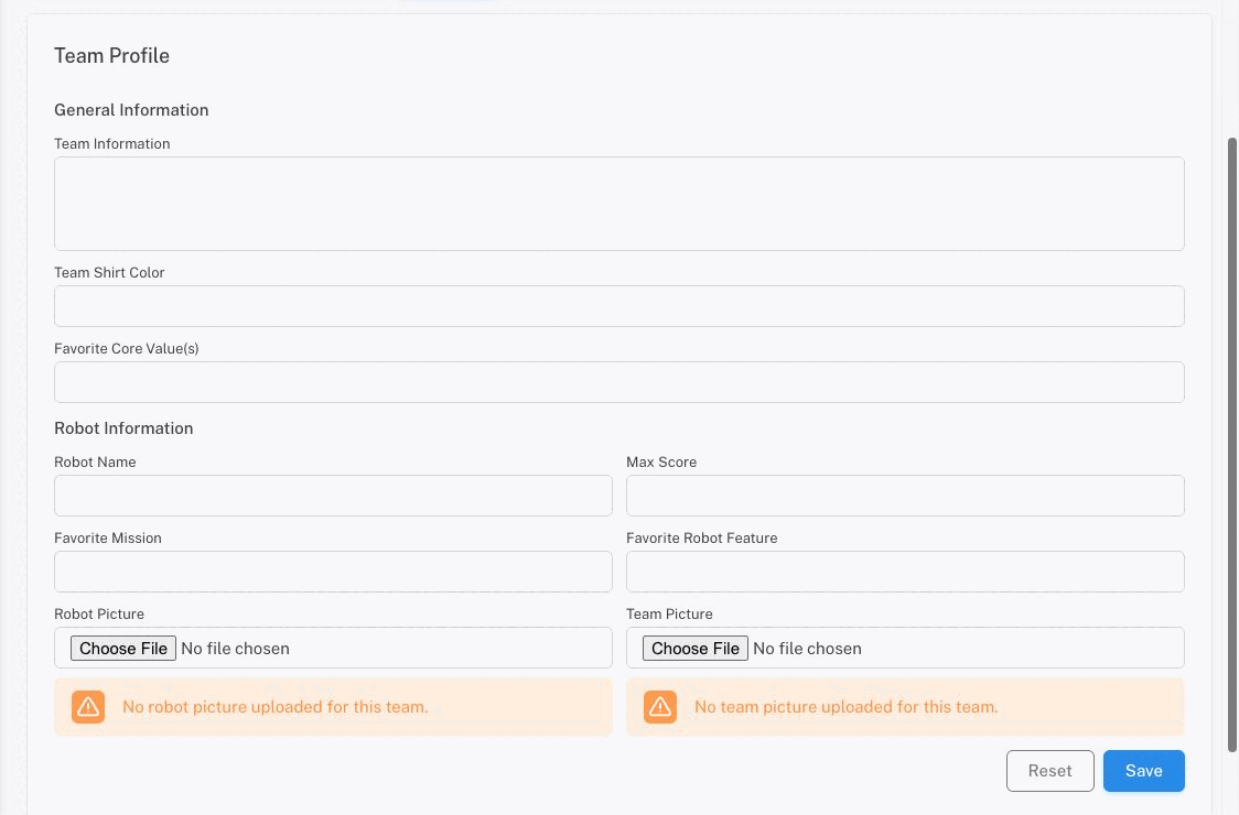 The Profile tab with the General Information and Robot Information fields and the two picture upload controls