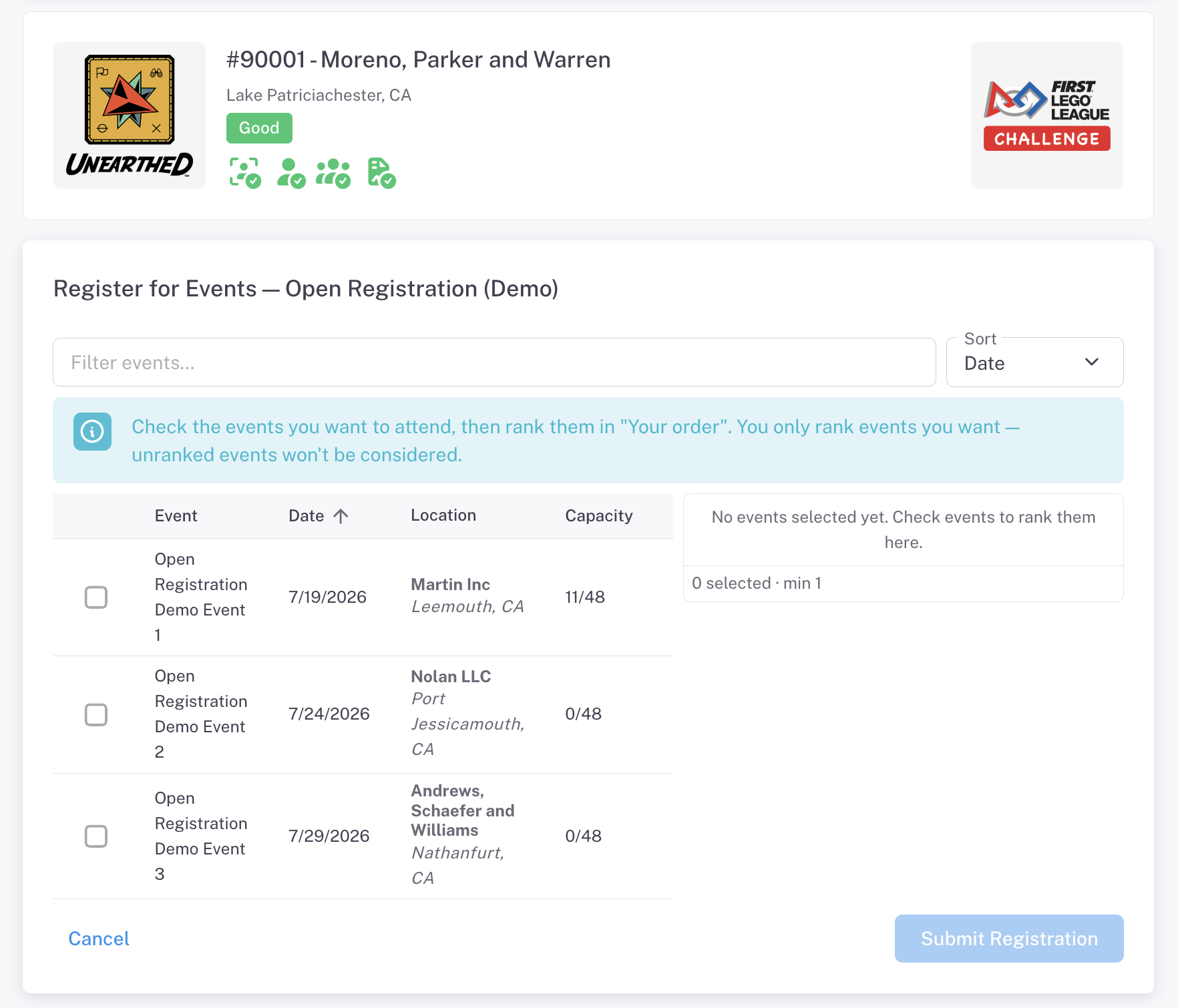 The registration screen with the available-events table and an empty "Your order" panel