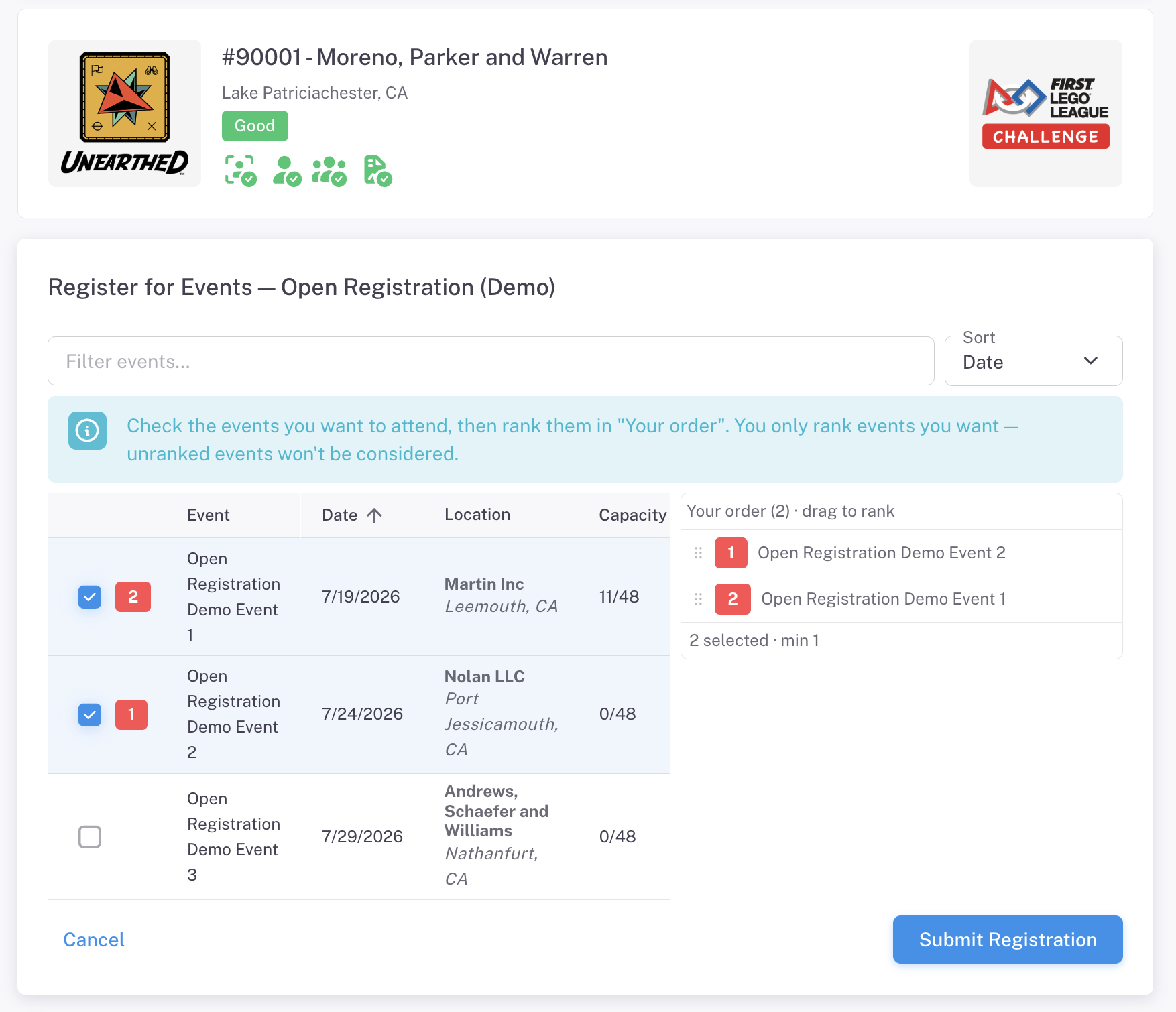 The registration screen with two events checked and ranked in the "Your order" panel