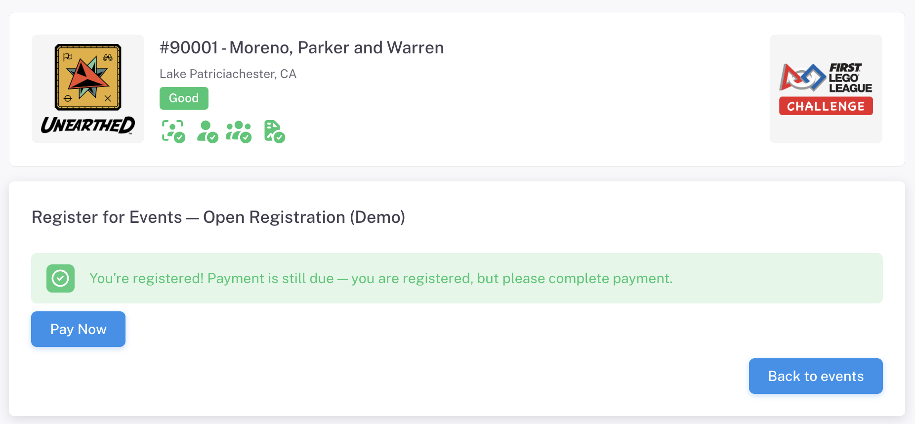 The confirmation screen after a successful registration, noting payment is still due