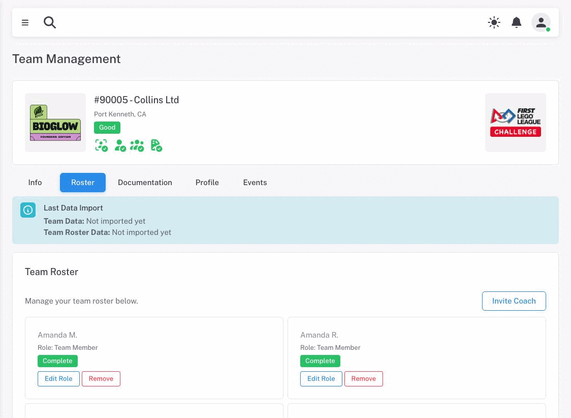The Roster tab with member cards, each showing a name, role, status badge and its Edit Role and Remove buttons, with Invite Coach at the top right