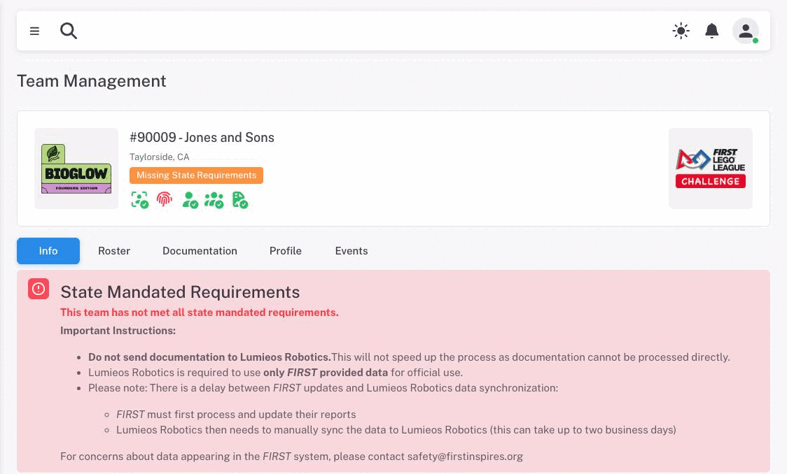 A team page showing the orange Missing State Requirements chip and a red State Mandated Requirements banner
