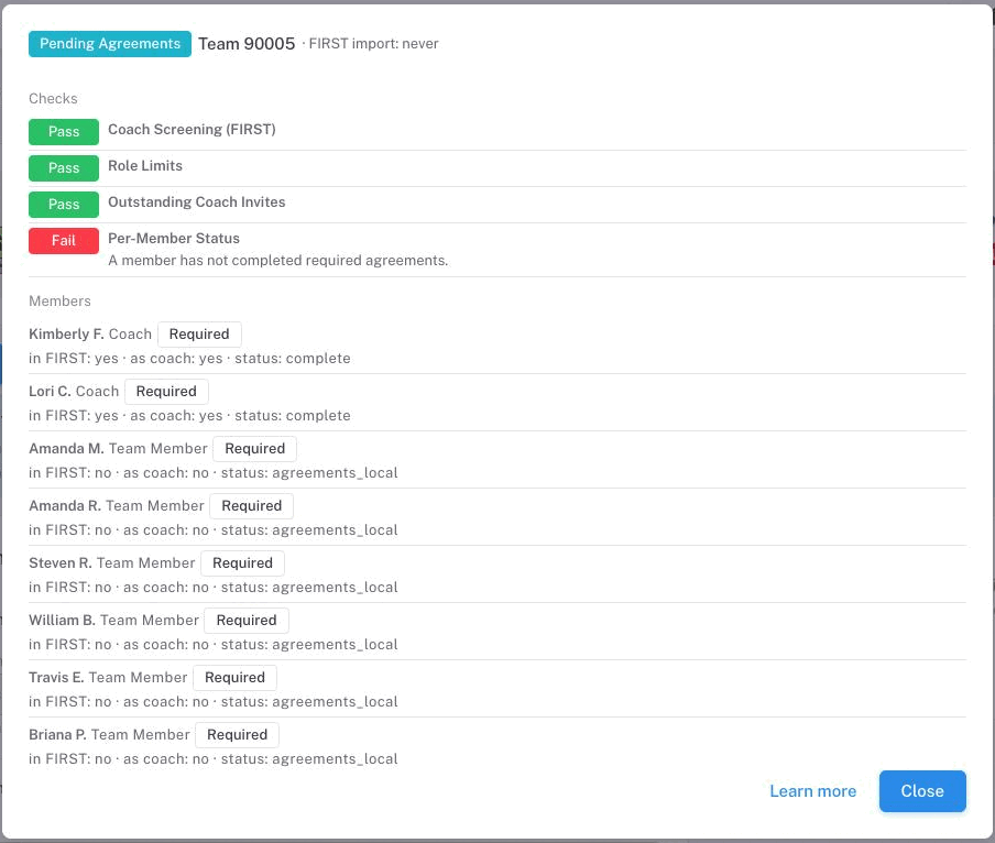 The Team Status dialog listing each check as Pass or Fail with the reason, above a list of members and their individual states