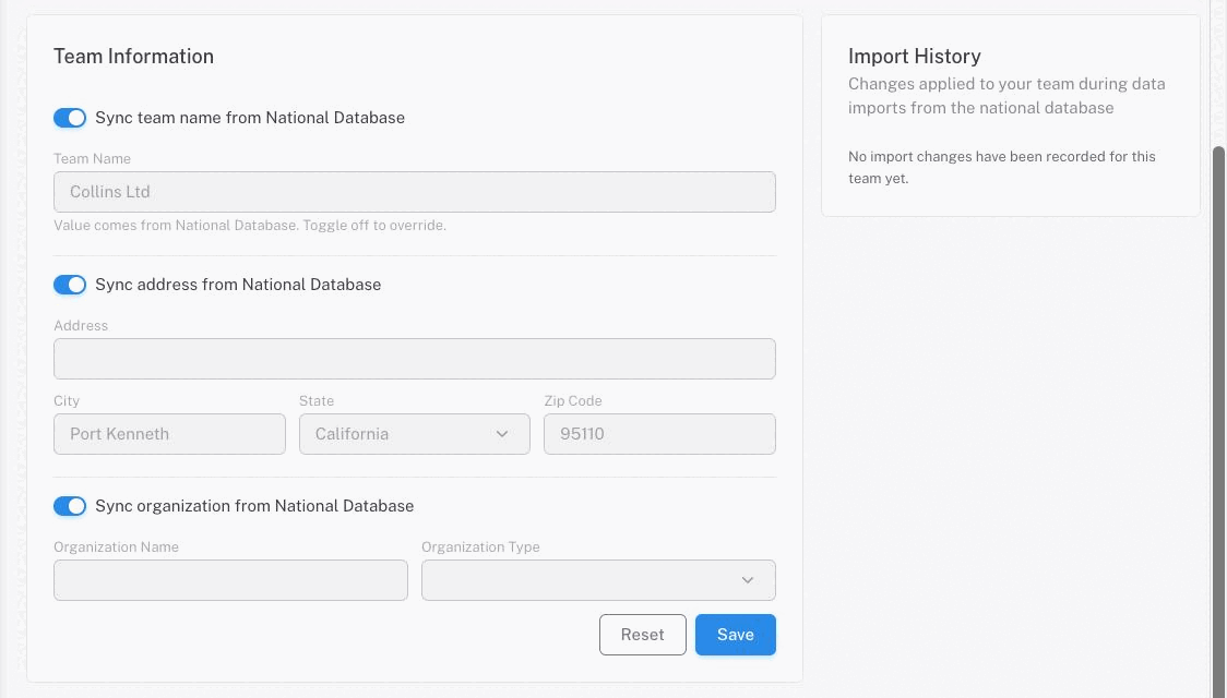 The Team Information form with sync toggles on for name, address and organization, their fields greyed out, and the Reset and Save buttons