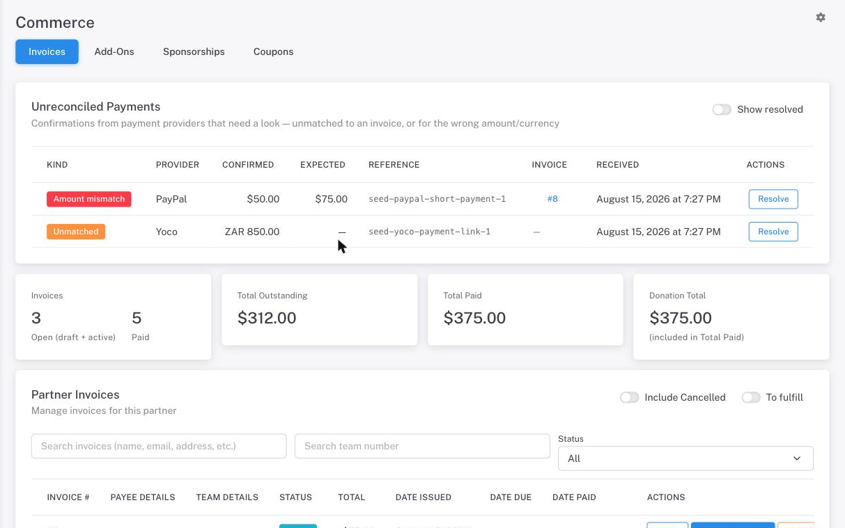 The region invoice dashboard, with unreconciled payment confirmations flagged for review above the invoice statistics