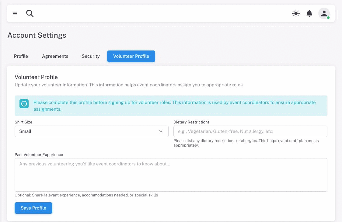 The Volunteer Profile tab with Shirt Size, Dietary Restrictions and Past Volunteer Experience