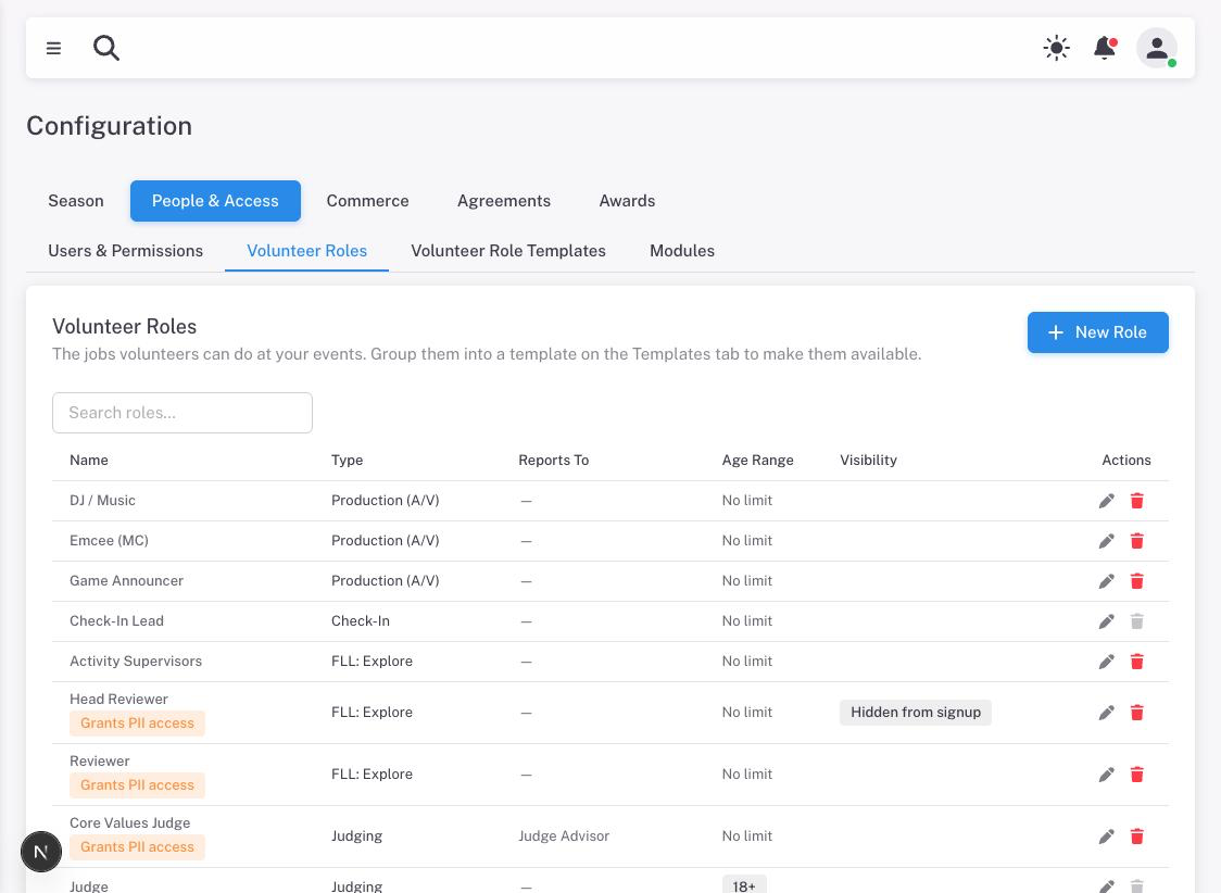 The volunteer roles list, with the search box, the Reports To column and age ranges