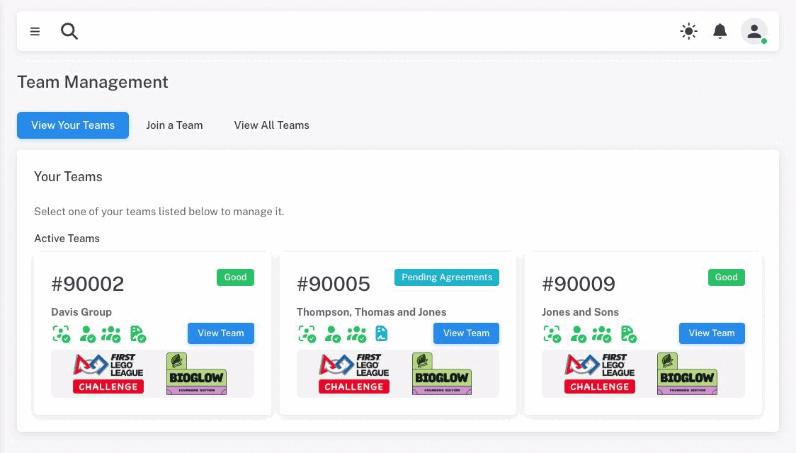 The View Your Teams tab with three team cards, each showing its number, name, status badge and compliance icons